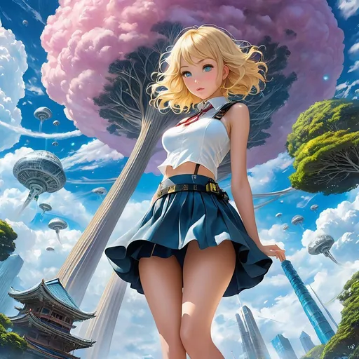 Prompt: Shirō Kawakami, Davegore, Surreal, mysterious, strange, fantastical, fantasy, Sci-fi, Japanese anime, cloud-making machine, land in the sky, sky octopus taxi, towering space tree, beautiful blonde miniskirt girl Alice, perfect voluminous body, detailed masterpiece 