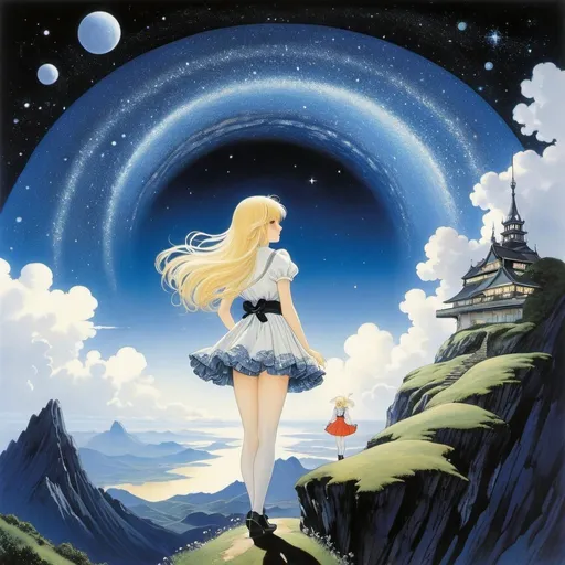 Prompt: Mizuho Aimoto, Kay Nielsen, Kazuya Kuroda, Duilio Cambellotti, László Cseney Vuchetich, Surrealism, strange, bizarre, fantastical, fantasy, Sci-fi, Japanese anime, allegory and perspective, underground celestial observation, Milky Way, blonde miniskirt beautiful girl Alice, perfect voluminous body, detailed masterpiece 