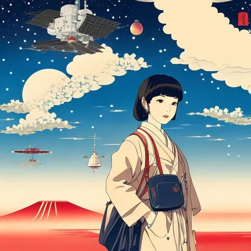 Prompt: Ukiyo-E Katsuhiro Otomo, Margaret Tarrant, Japanese high school girl, short dark hair, looking up sky above, spacecraft in the sky, blue sky with clouds. manga lines, cowboy shot