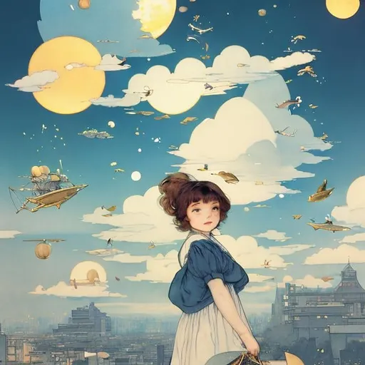 Prompt: Kate Greenaway,  Jessie Willcox Smith, Heikala, Tokyo future scape, blue sky with some clouds, flying cars, floating gold fishes, Japanese high school girl, looking up at  rainbow, beautiful face dark hair, hyper detailed, high resolution, high definition, high quality, masterpiece, Japanese anime, manga lines, realistic 
