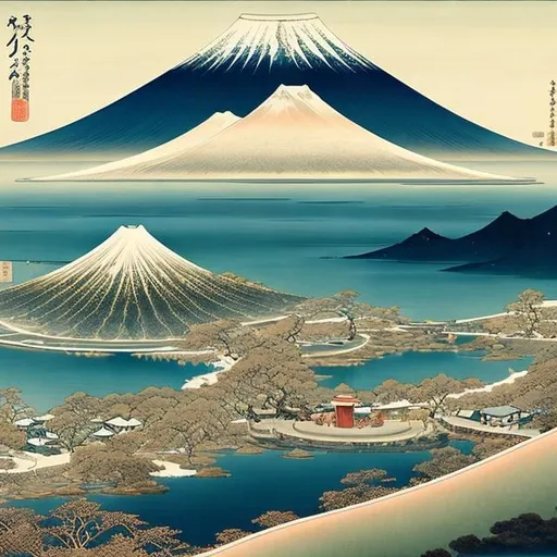 Prompt: Richard Dadd, Hokusai, Surreal, mysterious, strange, fantastical, fantasy, Sci-fi, Japanese anime, elliptic curved surface, power and authority, sacred and profane, art and religion, elliptical Japan, Mt. Fuji and national style, national structure, detailed masterpiece 