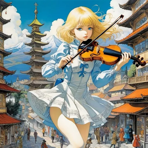 Prompt: Harry Clarke, Dora Keresztes, Masamune Shirow, Yuu Watase, Iassen Ghiuselev, Surrealism, strange, bizarre, fantastical, fantasy, Sci-fi, Japanese anime, a man with the body of a violin plays himself, a beautiful blonde miniskirt girl named Alice walking around town, perfect voluminous body, a floating tea set, a distant mountain range of chess pieces, detailed masterpiece angles perspectives 