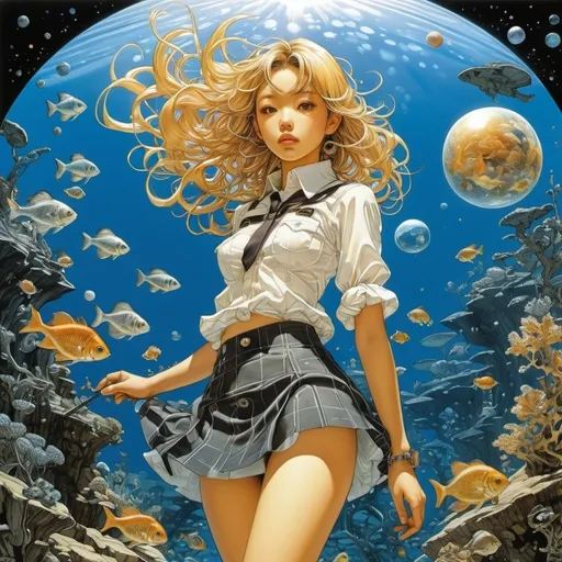 Prompt: Katsuya Terada, Naoyuki Kato, M C Escher, Alexander Reichstein, Chiho Saito, Surrealism, mysterious, bizarre, fantastical, fantasy, Sci-fi, Japanese anime, ecosystem of tools called mathematics, beautiful high school girl in a miniskirt who keeps a solar system in an aquarium, perfect voluminous body, detailed masterpiece 