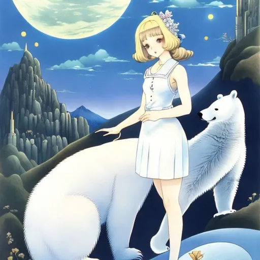 Prompt: Maurice Sendak, Junaida, Mysterious, strange, surreal, bizarre, fantasy, Sci-fi, Japanese anime, beautiful high school girl in a miniskirt who is good friends with Polar Bear, perfect body, on the crescent moon, detailed masterpiece 