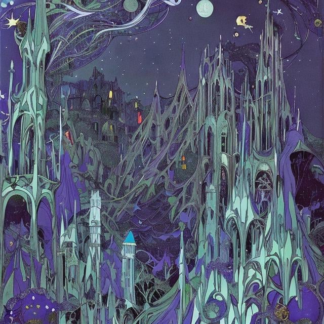 Prompt: Harry Clarke Anime　wondrous　strange　Whimsical　surreal　absurderes　fanciful　Sci-Fi Fantasy　Invited to the world of blue dreams　Planetarium Ghost Travel　Climb the Star Journey Boy Tower　Landscapes from different eras　Sleepless Boy Goes to Moon