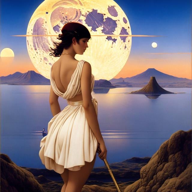 Prompt: Albert Joseph Moore, Jean-Claude Mézières, Mysterious, strange, surreal, bizarre, fantasy, Sci-fi, Japanese anime, moon setting in Tokyo Bay, miniskirt astronomical beautiful girl, perfect voluminous body, detailed masterpiece 