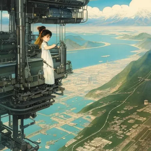 Prompt: Kate Greenaway,  Jessie Willcox Smith, Heikala, Tokyo future scape, space elevator, Japanese high school girl, beautiful face dark hair, hyper detailed, high resolution, high definition, high quality, masterpiece, Japanese anime, hand drawn manga lines, realistic 