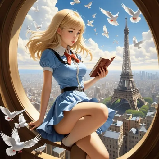 Prompt: Dean Morrissey, Shigeru Hatsuyama, Surreal, mysterious, strange, fantastical, fantasy, Sci-fi, Japanese anime, high tower in the pages of a book, pigeons flying, beautiful blonde miniskirt girl Alice, perfect voluminous body, magnifying glass, detailed masterpiece wide angles zoom in 
