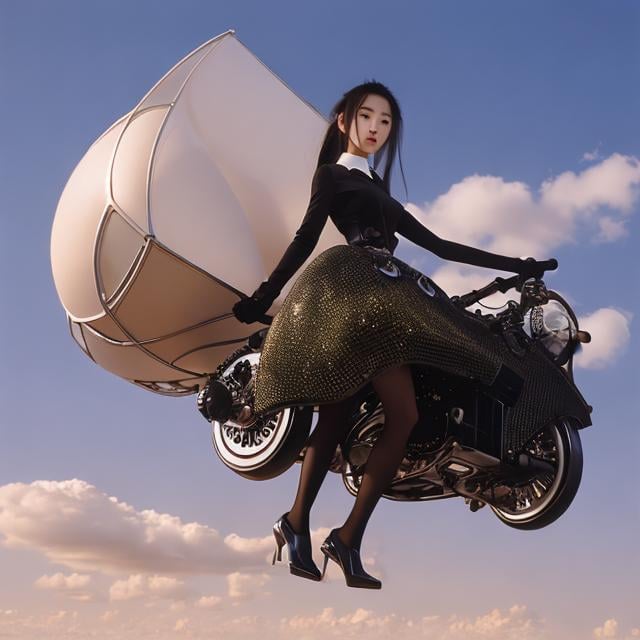 Prompt: Roberto Cuoghi, katsuhiro Otomo, Surreal, mysterious, strange, fantastical, fantasy, Sci-fi, Japanese anime, geometric specimen box, aerial bicycle riding miniskirt beautiful girl, perfect voluminous body, detailed masterpiece dynamism