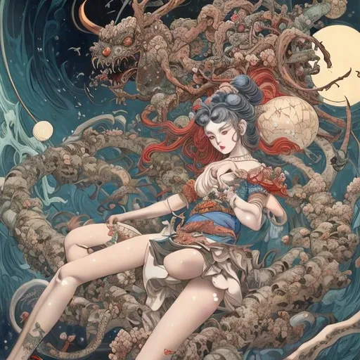 Prompt: Ukiyo-e style, Tony Sart, Margaret Tarrant Anime　surreal　absurderes　wondrous　strange　Whimsical　Sci-Fi Fantasy　Inside the theater　Floating Moon　a beauty girl Japanese anime, manga lines, hyperdetailed high quality high definition high resolution masterpiece 