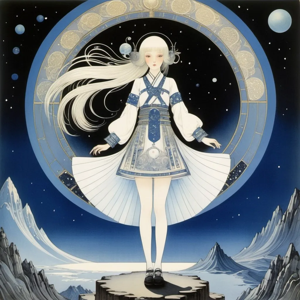 Prompt: Kay Nielsen, mayo artist, Surreal, mysterious, strange, fantastical, fantasy, Sci-fi, Japanese anime, blueprint of the god of science, seeking planetary nostalgia in the imagination inherent in matter, a beautiful high school girl in a miniskirt, perfect voluminous body, detailed masterpiece 