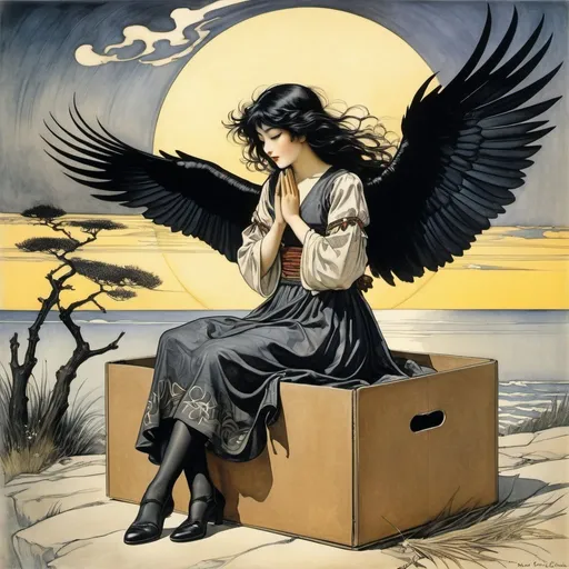 Prompt: Arthur Rackham, Vaughan Bass, Itsuro Kawasaki, Paul Signac, José Zamora, Surrealism, Mysterious, Bizarre, Outlandish, Fantasy, Sci-fi, Japanese Anime, Legend of the crow that stole the treasure and brought sunshine to the world, Raven opening the box, Beautiful girl in a miniskirt praying to the sun, perfect voluminous body, detailed masterpiece 