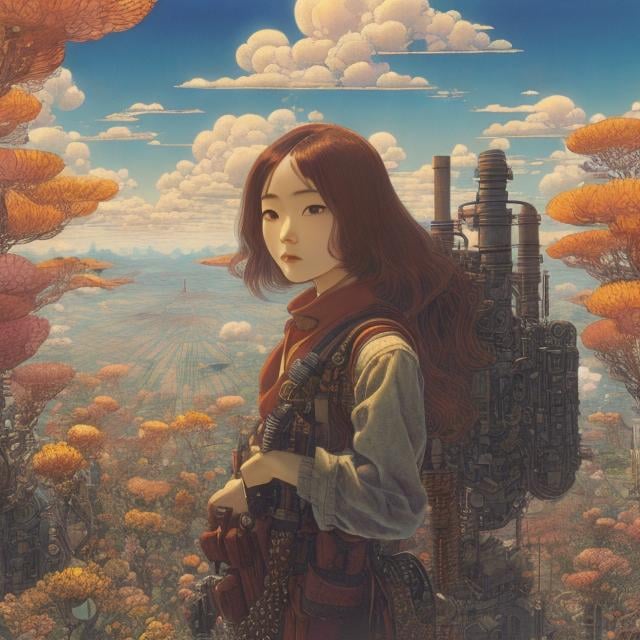 Prompt: Katsuhiro Otomo, Dorothy P. Lathrop, Florence Harrison Japanese Anime Surreal Mysterious Weird Fantastic Absurd Fantasy Sci-fi Fantasy, solo girl, perfect body, Wind-up train Commuting To another world, detailed high resolution high definition high quality masterpiece 