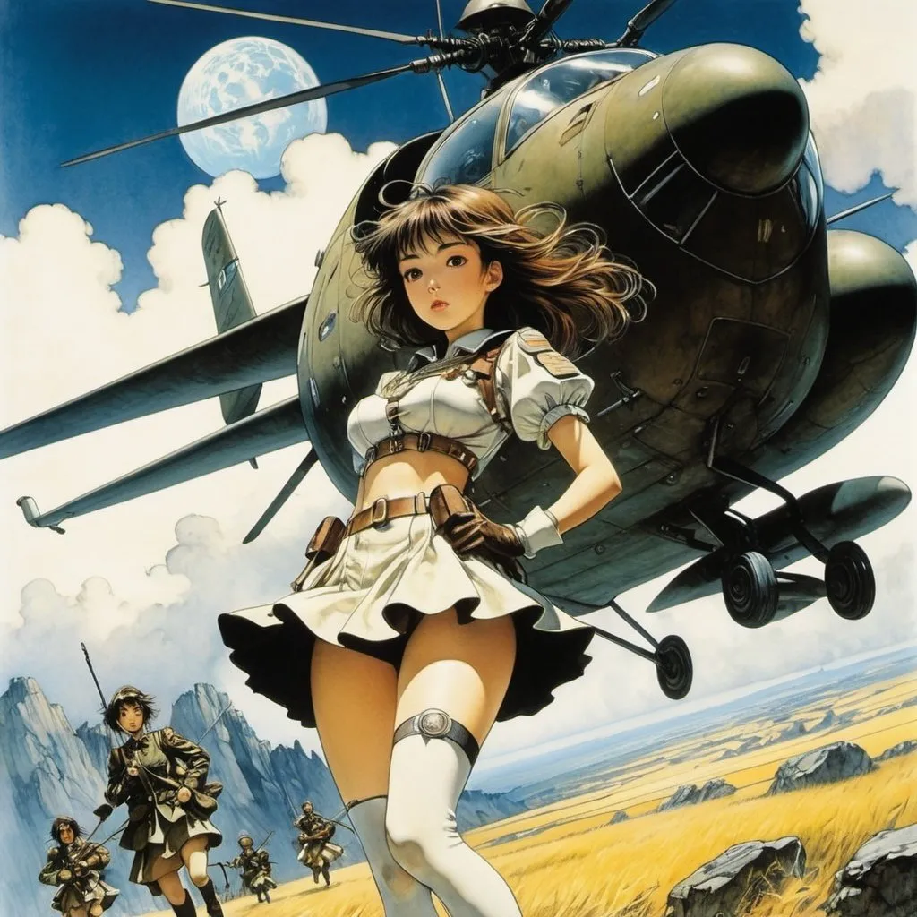 Prompt: Arthur Rackham, Tamara Alves, Graça Morais, Yoshikazu Yasuhiko, Hiroyuki Okiura, Surrealism Mysterious Weird Fantastic Fantasy Sci-fi, Japanese Anime, Miniskirt Beautiful Girl Airborne Troops,  Protecting the Earth, detailed masterpiece low high angles perspectives 