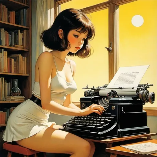 Prompt: Thomas Crane, Fam Ekman, Adolf Hoffmeister, Bill Sienkiewicz, Maurice Sendak, Surrealism, wonder, strange, bizarre, fantasy, Sci-fi, Japanese anime, typewriter sun, miniskirt beautiful girl, perfect voluminous body, empty bottle, detailed masterpiece 