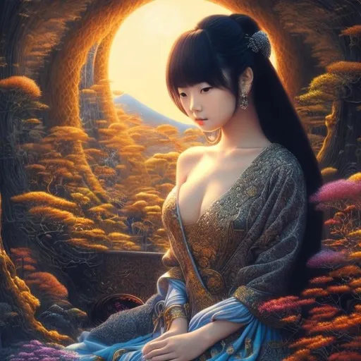 Prompt: Thomas Canty, Keiko Takemiya, Surreal, mysterious, strange, fantastical, fantasy, Sci-fi, Japanese anime, weaving beautiful girl, perfect voluminous body, tapestry of the world, complex system, detailed masterpiece 