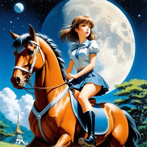 Prompt: Robert Blue, Alex Schomburg, Surreal, mysterious, strange, fantastic, fantasy, sci-fi, Japanese anime, the moon that crashed to the earth's surface, a beautiful girl in a miniskirt astride a wooden horse, perfect voluminous body, detailed masterpiece 