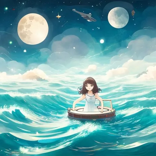 Prompt: Kate Greenaway, Sulamith Wülfing, Japanese Anime Surreal Mysterious Weird Fantastic Sci-fi Fantasy Girl Swimming in the Sea of ​​Space, moon, sun, stars, cloud, hyperdetailed high resolution high definition high quality masterpiece