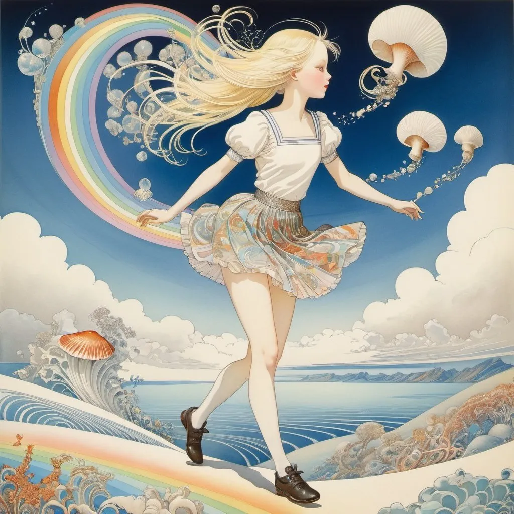 Prompt: Kay Nielsen, James Jean, Surreal, mysterious, strange, fantastic, fantasy, Sci-fi, Japanese anime, beautiful blonde miniskirt girl Alice running on the rainbow, perfect voluminous body, natural history encyclopedia, seashell specimen, detailed masterpiece hand colour drawings 