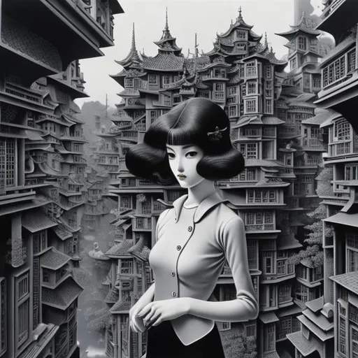 Prompt: M c Escher, Georges Lepage, Surreal, mysterious, strange, fantastical, fantasy, Sci-fi, Japanese anime, a city packed in boxes, a short-haired miniskirt beautiful girl peeking out from the top of a box, perfect body, detailed masterpiece 
