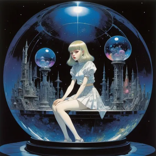 Prompt: Harry Clarke, Hajime Sorayama, Surreal, mysterious, strange, fantastical, fantasy, Sci-fi, Japanese anime, beautiful high school girl in a miniskirt inside a glass sphere, perfect voluminous body, outer space, galaxy, nebula, neither above nor below, detailed masterpiece 