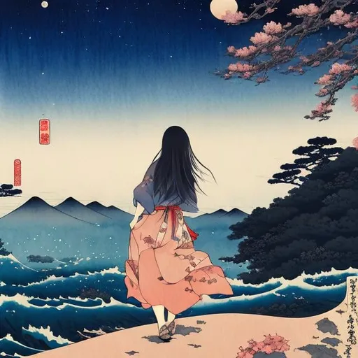 Prompt: Katsushika Hokusai, Keiko Takemiya, Mysterious Watercolor Woodblock Anime Mini Skirt Beautiful Girl Alice Alice Loves Ramen, Shinjuku, Ranen Stall, moonlit night, detailed masterpiece depth of field cinematic lighting 