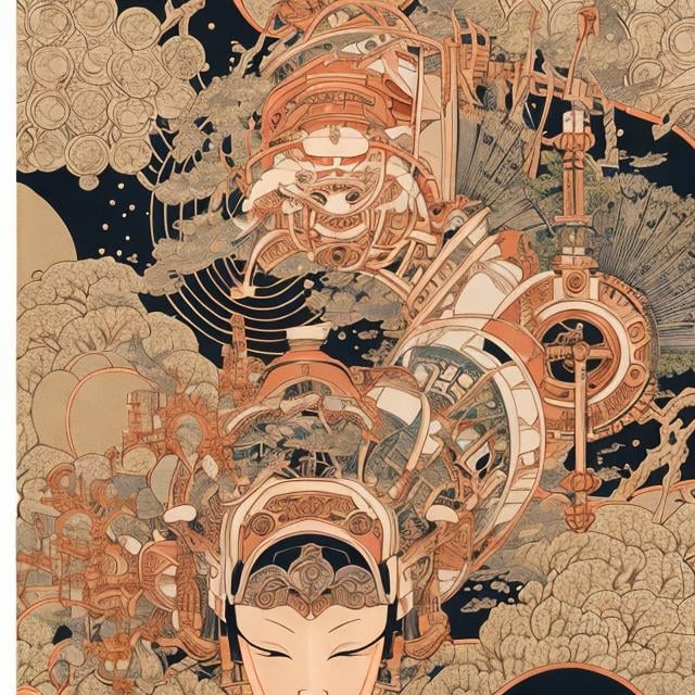 Prompt: Erte Ukiyo-e style　Anne Anderson Anime　wondrous　strange　Whimsical　Sci-Fi Fantasy　Music boxes are a dream device　screwdriver　gear wheel　structures　maintenance