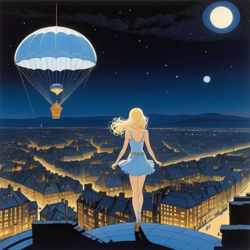 Prompt: Victoria Turnbull, George Barbier, Jean Giraud, Surreal, mysterious, bizarre, fantastical, fantasy, Sci-fi, Japanese anime, morning glory parachute on a moonlit night, beautiful blonde miniskirt girl Alice, perfect voluminous body, galaxy, dark sun, night view of a city in the distance, detailed masterpiece 