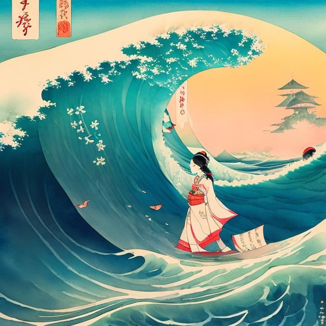 Prompt: Margaret Tarrant, Ukiyo-e style Watercolor Japanese style Anime Surreal Mysterious Weird Fantastic Fantasy Sci-fi Fantasy Big Wave Tokyo Tower Alice the girl riding the waves Whale