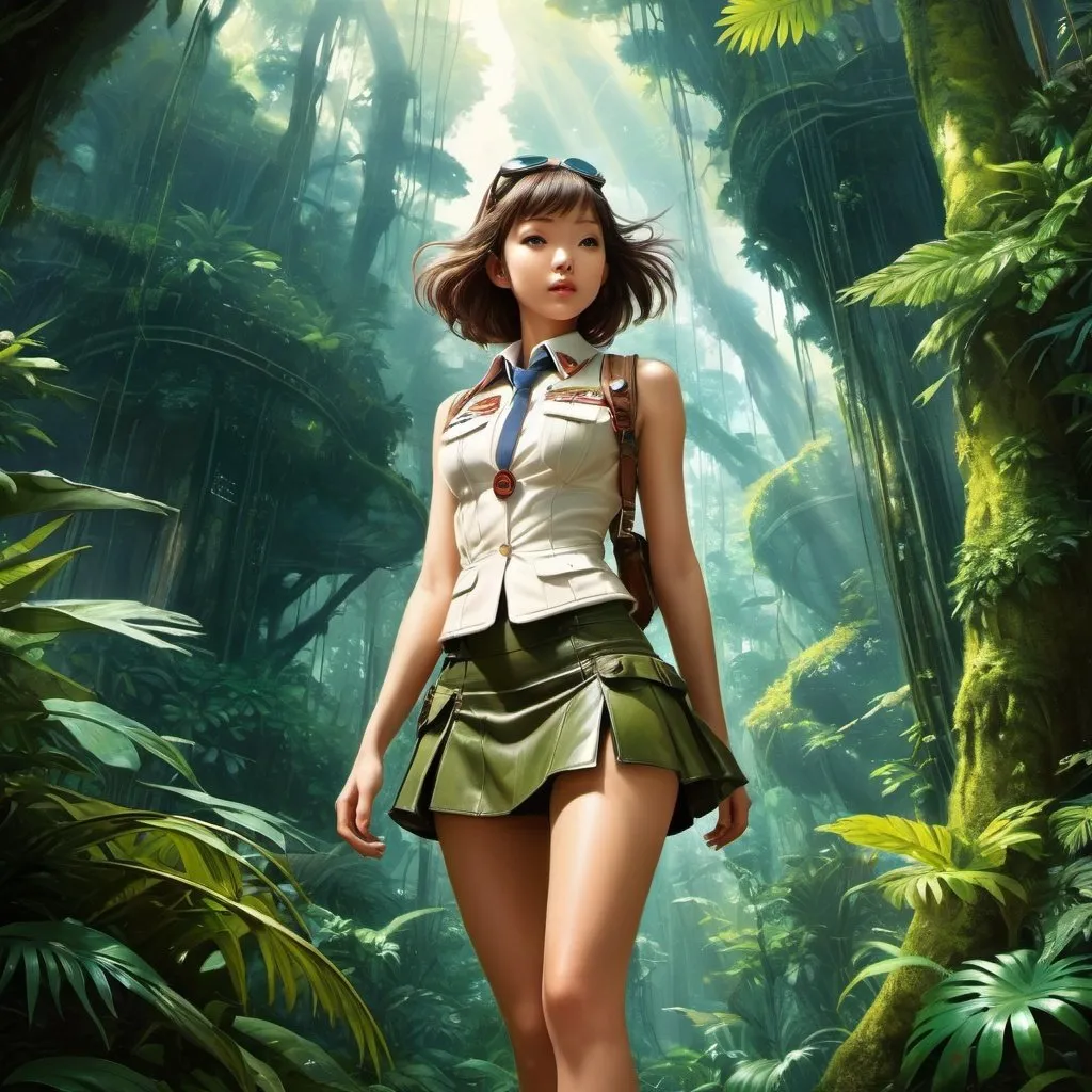 Prompt: Séverine Pineaux, Pierre Probst, André Hellé, Olivier Tallec, Surrealism, strange, bizarre, fantastical, fantasy, Sci-fi, Japanese anime, encyclopedic thought, world theater concept, Rosicrucian movement, universal language concept, miniskirt pretty aviator and Tokyo's rainforest, perfect voluminous body, detailed masterpiece 