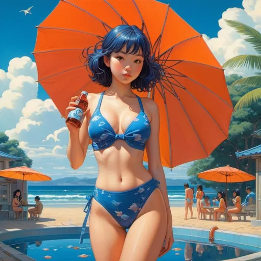 Prompt: Darrell Sweet, James Jean, Surreal, mysterious, strange, fantastic, fantasy, Sci-fi, Japanese anime, lunar pool, beautiful high school girl in a school swimsuit, perfect voluminous body, beach umbrella, cat, bottle of cola, detailed masterpiece 