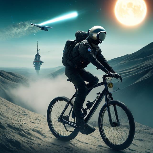 Prompt: Mikhail Tsekhanovskiy, Anton Lomaev, Surreal, mysterious, strange, fantastic, fantasy, sci-fi, Japanese anime, a suicide mission to the moon from which there is no return, the race for space development is a product of human delusion, the hero who went to the moon by rocket is still frantically pedaling his bicycle, absurdity, detailed masterpiece drawings