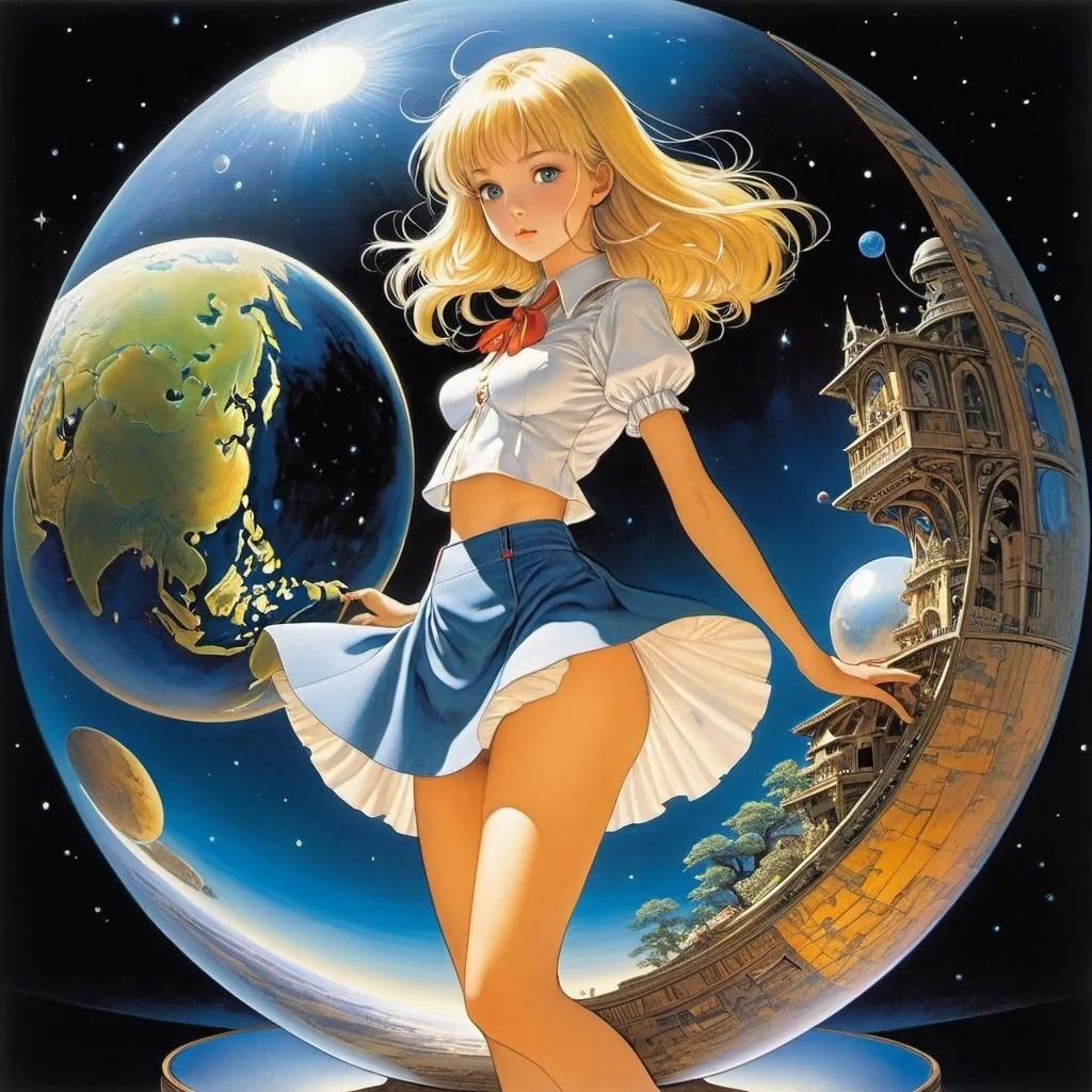 Prompt: Buichi Terasawa, Jean Giraud, Surreal, mysterious, strange, fantastical, fantasy, Sci-fi, Japanese anime, celestial globe in the darkness, rotating microcosm, blonde miniskirt beautiful girl Alice, perfect voluminous body, detailed masterpiece 