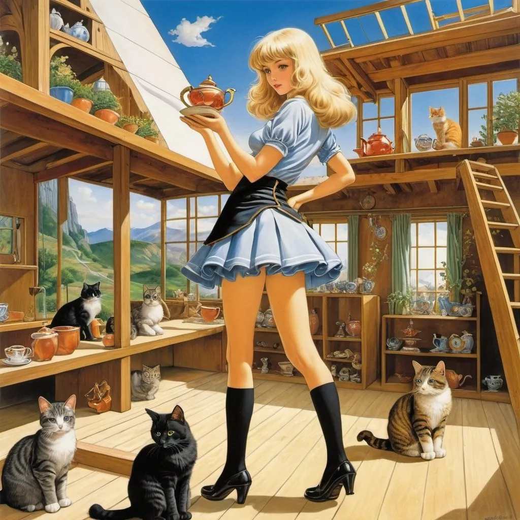 Prompt: Walther Caspari, Gertrud Caspari, Bernhard Oberdieck, Surrealism, wonder, strange, bizarre, fantasy, Sci-fi, Japanese anime, utopia of miniskirt beautiful girls, perfect voluminous body, cats, tea parties, tarot, house under construction, detailed masterpiece perspectives extreme angles