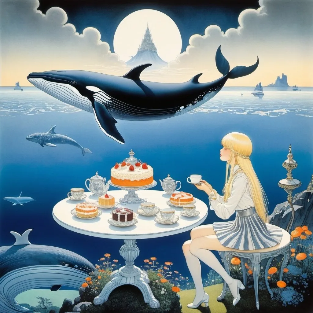 Prompt: Kay Nielsen, Pierre Probst, Esteban Maroto, tatsuyuki tanaka, Trini Tinturé, Surrealism, wonder, strange, bizarre, fantasy, Sci-fi, fantasy, anime, lazy Sunday, beautiful high school girl in a miniskirt looking at a pod of whales in the sky while having tea and cake, perfect voluminous body, detailed masterpiece 