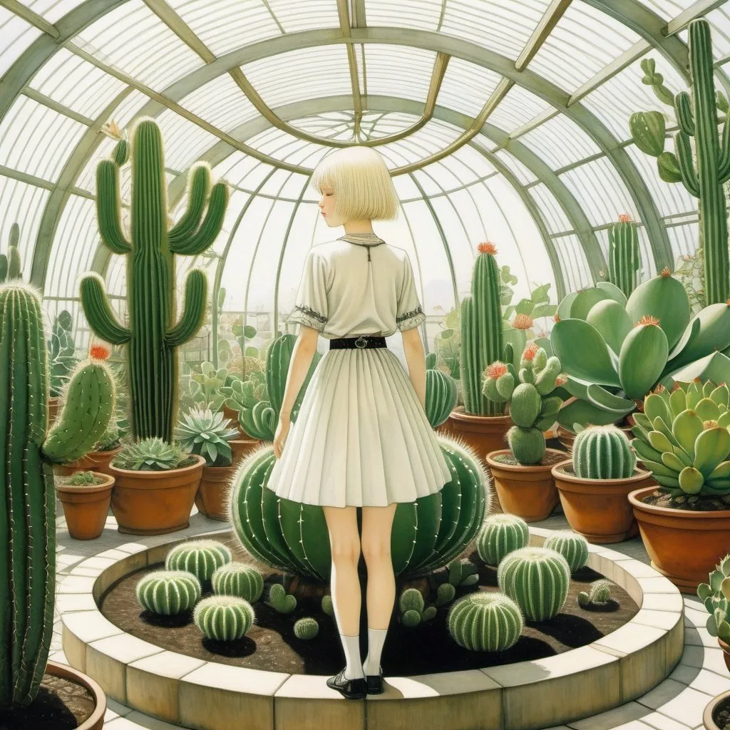 Prompt: Kay Nielsen,Angela Barrett, Surreal, mysterious, strange, fantastical, fantasy, Sci-fi, Japanese anime, circular method, cactus bonsai, watering miniskirt beautiful girl, perfect voluminous body, greenhouse, detailed masterpiece 