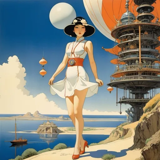 Prompt: Peter Elson, Akiko Hayashi, Laura Brouwers, Rubén Pellejero, George Barbier, Léon Bakst, Surrealism, strange, bizarre, fantastical, fantasy, Sci-fi, Japanese anime, the shell of a machine, the utopia beyond the atelier, the miniskirt beautiful girl who depicts the world, perfect voluminous body, detailed masterpiece 