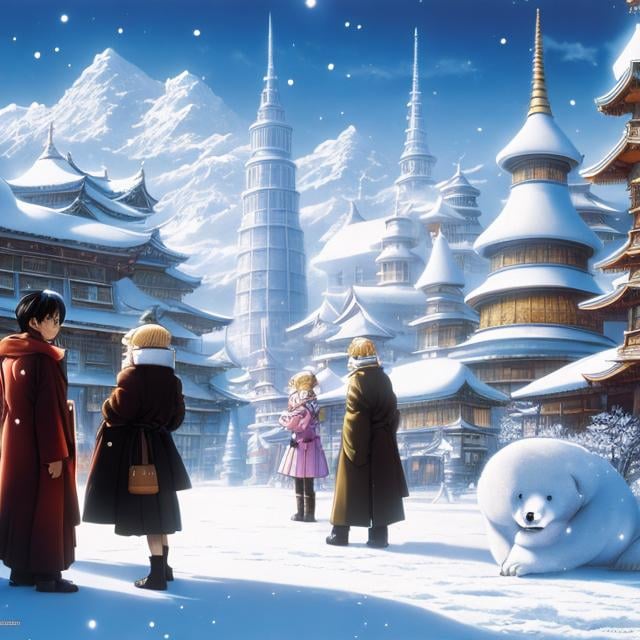 Prompt: Ron Turner, Akira Toriyama, Surreal, mysterious, strange, fantastical, fantasy, Sci-fi, Japanese anime, Mr Polar Bear, at a cafe with a beautiful human girl in a miniskirt, perfect voluminous body, in a winter town, detailed masterpiece 