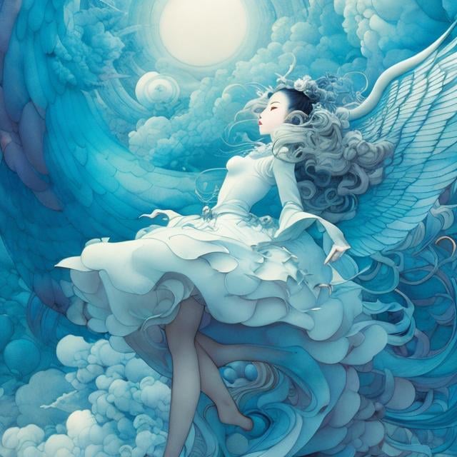Prompt: James Jean, Maurice Sendak, Surreal, mysterious, strange, fantastical, fantasy, Sci-fi, Japanese anime, divine expression, spiral of time, beautiful girl with wings, perfect voluminous body, geometry, perspective, detailed masterpiece 
