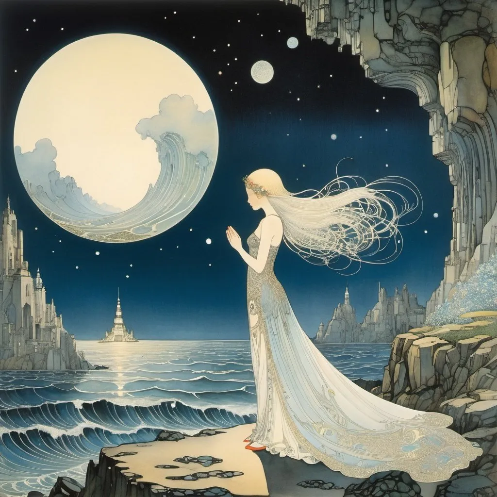 Prompt: Kay Nielsen, Alicia Austin, Anton Pieck, Edmund Dulac, Hendrik Jan Wolter, Giorgio de Chirico, Surrealism Mysterious Weird Fantastic Fantasy Sci-Fi, Japanese Anime, Body dreaming of minerals, Praying for the stars from the ocean floor, Beautiful girl in a miniskirt, perfect voluminous body, Sleeping city, detailed masterpiece 