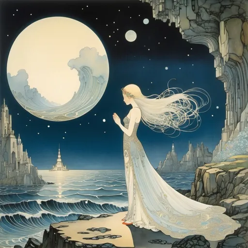 Prompt: Kay Nielsen, Alicia Austin, Anton Pieck, Edmund Dulac, Hendrik Jan Wolter, Giorgio de Chirico, Surrealism Mysterious Weird Fantastic Fantasy Sci-Fi, Japanese Anime, Body dreaming of minerals, Praying for the stars from the ocean floor, Beautiful girl in a miniskirt, perfect voluminous body, Sleeping city, detailed masterpiece 