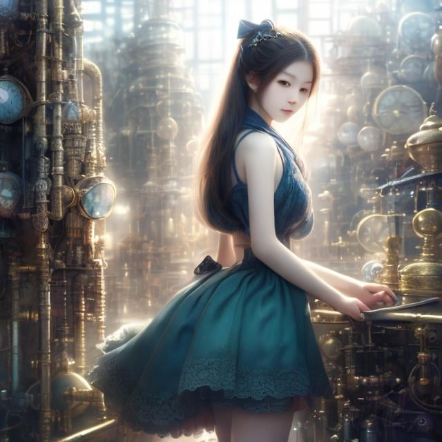 Prompt: August Malmstrom, Yoshitaka Amano, Surreal, mysterious, strange, fantastical, fantasy, Sci-fi, Japanese anime, miniskirt beautiful girl in a toy factory, perfect voluminous body, detailed masterpiece 