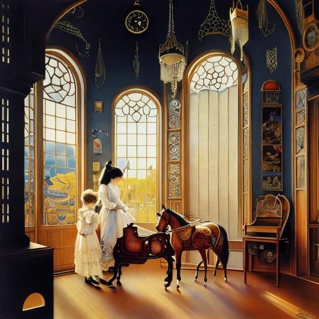 Prompt: Charles Robinson, Linda Ravenscroft, Dadaism, wonder, strange, fantastical, fantasy, Sci-fi, Japanese anime, rocking horse, flying beautiful girl, seahorse, inside the clock tower, diffused reflection, detailed masterpiece perspectives