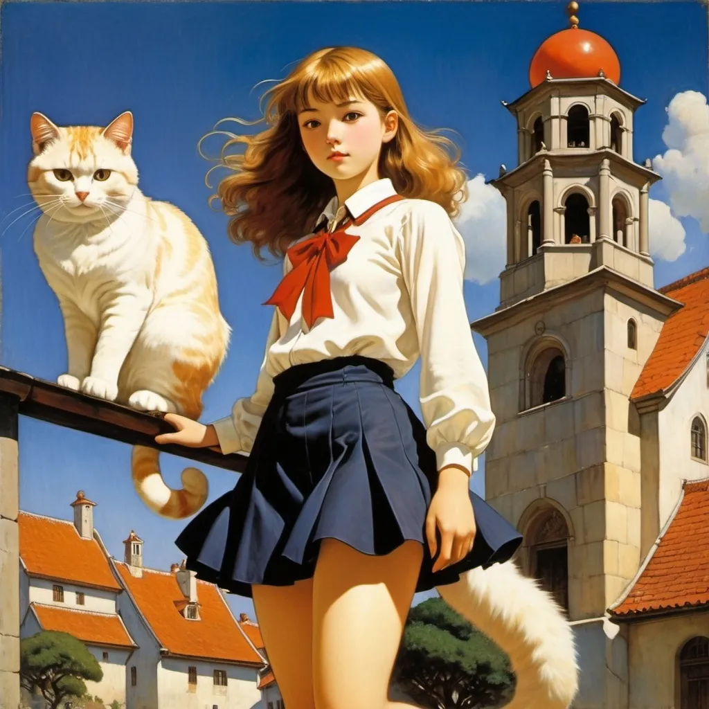 Prompt: Kajetan Stefanowicz, Matsuri Hino, Arnold Böcklin, Maxwell Armfield, Margaret Tarrant, Surrealism, strange, bizarre, fantastical, fantasy, Sci-fi, Japanese anime, cat festival, or beautiful high school girl in a miniskirt, perfect voluminous body, detailed masterpiece 