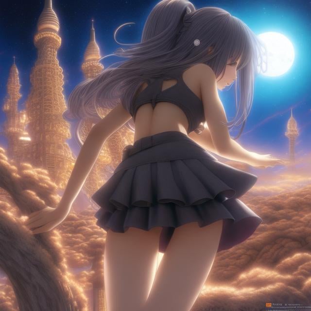 Prompt: Naoyuki Kato, Edith Rimmington, Surreal, mysterious, strange, fantastical, fantasy, Sci-fi, Japanese anime, inside the moon is mechanics, beautiful girl in miniskirt, perfect voluminous body, detailed masterpiece 