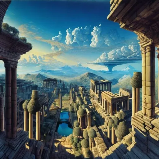 Prompt: François Schuiten, lebbeus woods, Mysterious, strange, surreal, bizarre, fantasy, Sci-fi, Japanese anime, Roman ruins, statue made of various types of three-dimensional assemblages, blue sky and thunderclouds, detailed masterpiece bird’s eye view wide angles