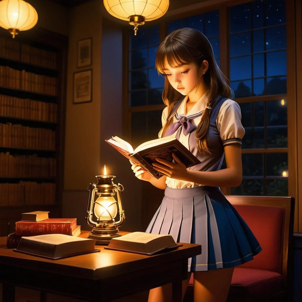 Prompt: Frank Le Gall, William Vance, Surreal, mysterious, bizarre, fantasy, Japanese anime, far past midnight, an candle lamp, a beautiful high school girl in a miniskirt reading a book, perfect body, cinematic lighting sharp focus detailed masterpiece 