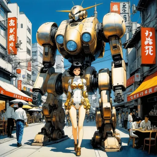 Prompt: Naoyuki Kato, Katsuhiro Otomo, Katsuya Terada, Surreal, mysterious, bizarre, sci-fi, Japanese anime, beautiful girl in a mecha suit with a half-mechanical body, perfect voluminous body, walking around town, cafe, giant robot, detailed masterpiece bird’s eye views