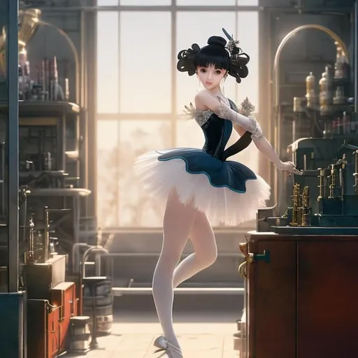 Prompt: Leon Bakst, Kiyoko Arai, Surreal, mysterious, strange, fantastical, fantasy, Sci-fi, Japanese anime. Ballet "La Sylphide" performed by pliers and spanners on top of a toolbox in a corner of a metal processing factory. Beautiful high school girl in a miniskirt watching a theater. Perfect body, detailed masterpiece 