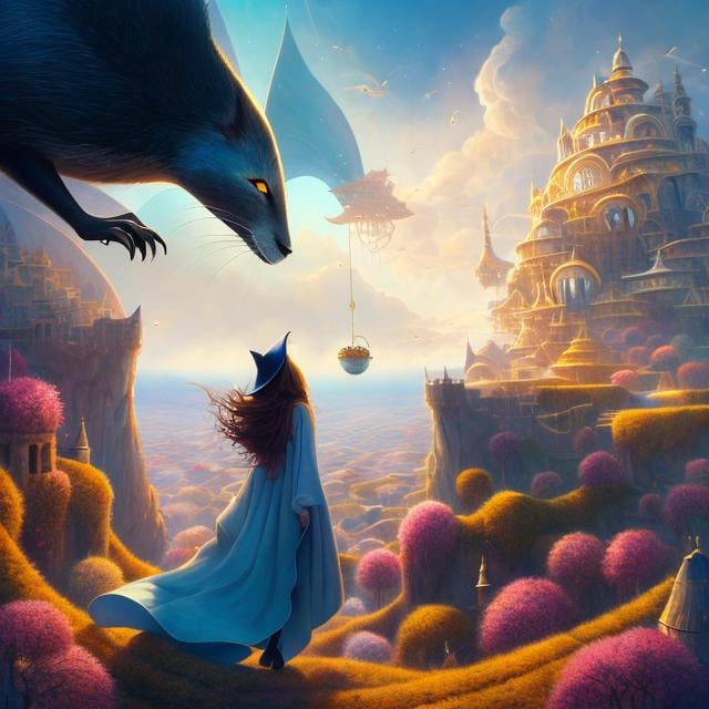 Prompt: Guy Burwell, Esao Andrews, Surreal, mysterious, bizarre, fantastical, fantasy, Sci-fi, Japanese anime, onirism, circular playground, talking black cat and miniskirt beautiful witch, perfect voluminous body, labyrinth sightseeing flight, bird’s eye views looking down looking up detailed masterpiece 